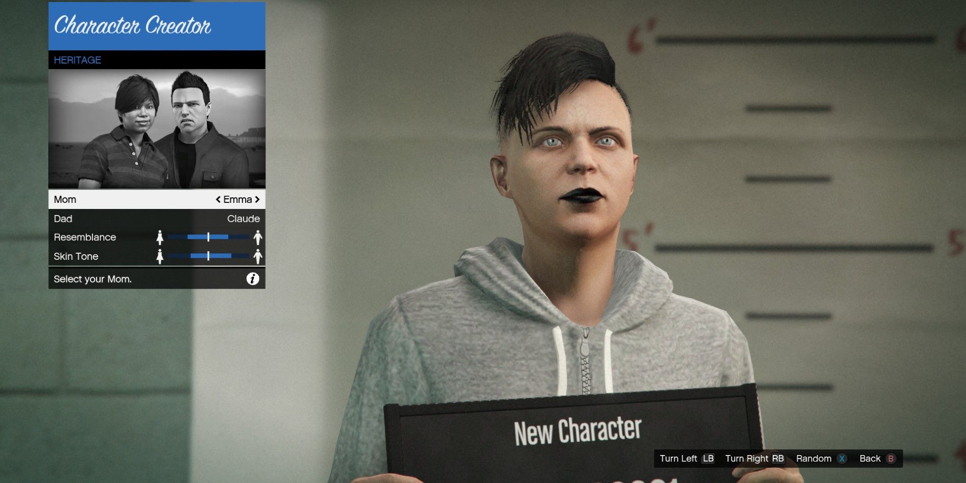 Grand Theft Auto Online's Heritage mechanics as they're shown during new character creation, where the characters parents are shown in a photo in the corner of the screen.