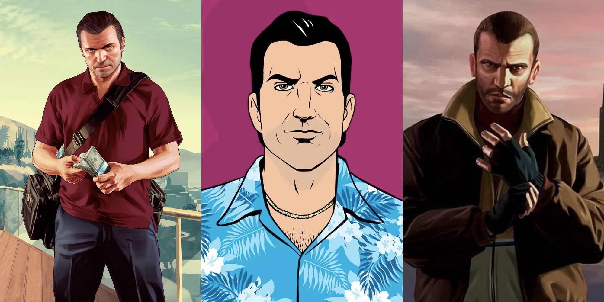 A vertically split image showing portraits of three GTA protagonists, from left to right: Michale from GTA 5, Tommy from GTA Vice City, and Niko from GTA 4.