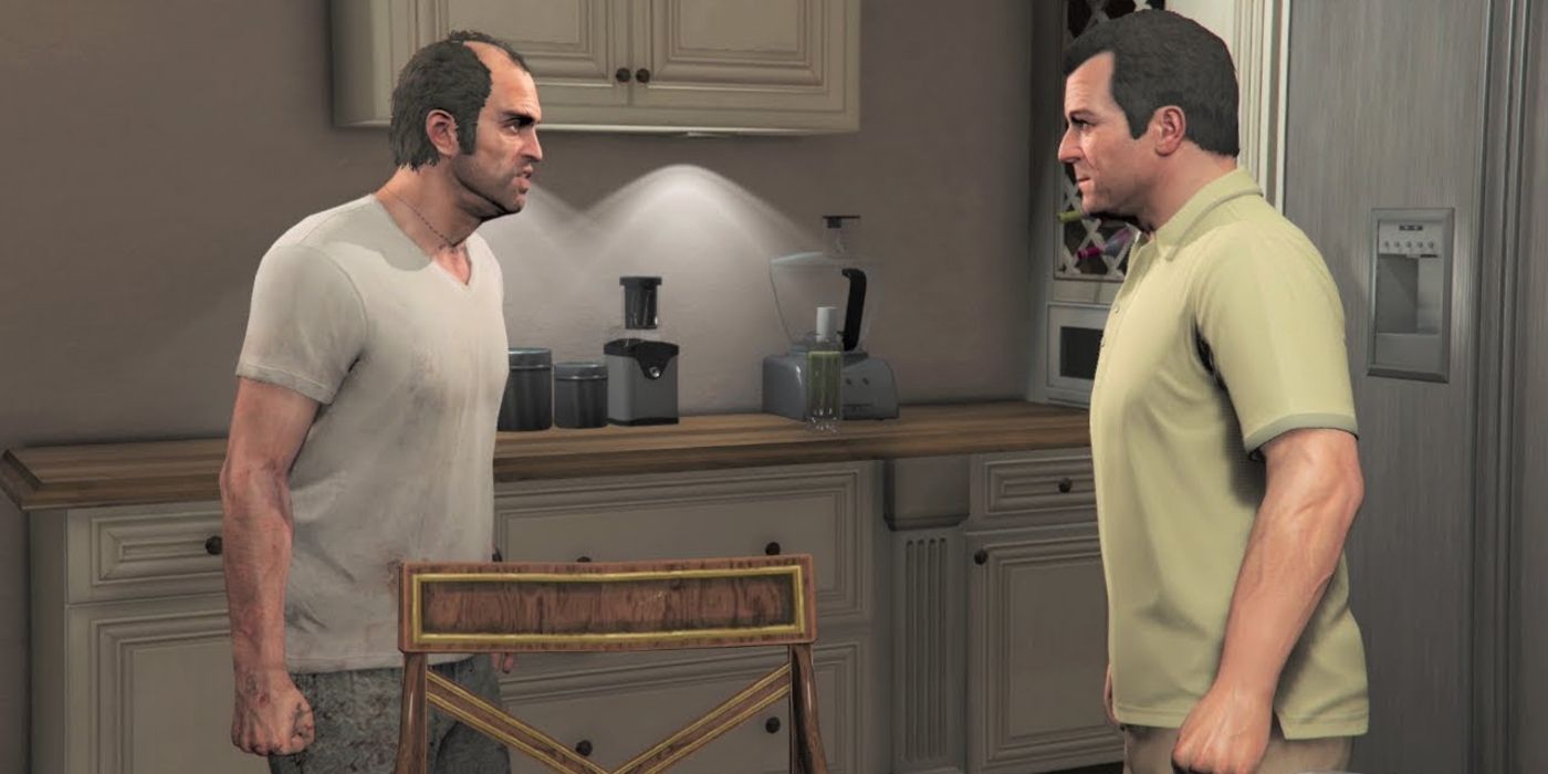 Trevor and Michael talk in the kitchen in GTA V