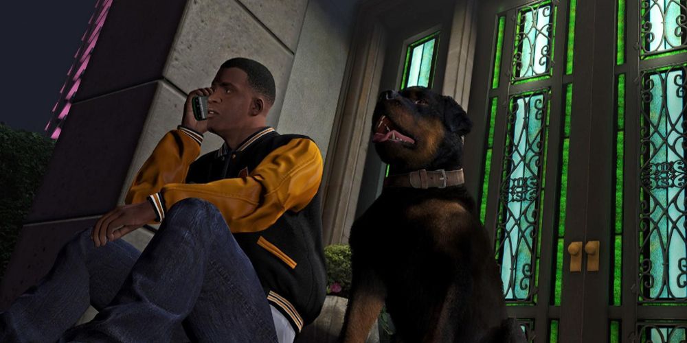 Franklin and Chop sit on a stoop in GTA V