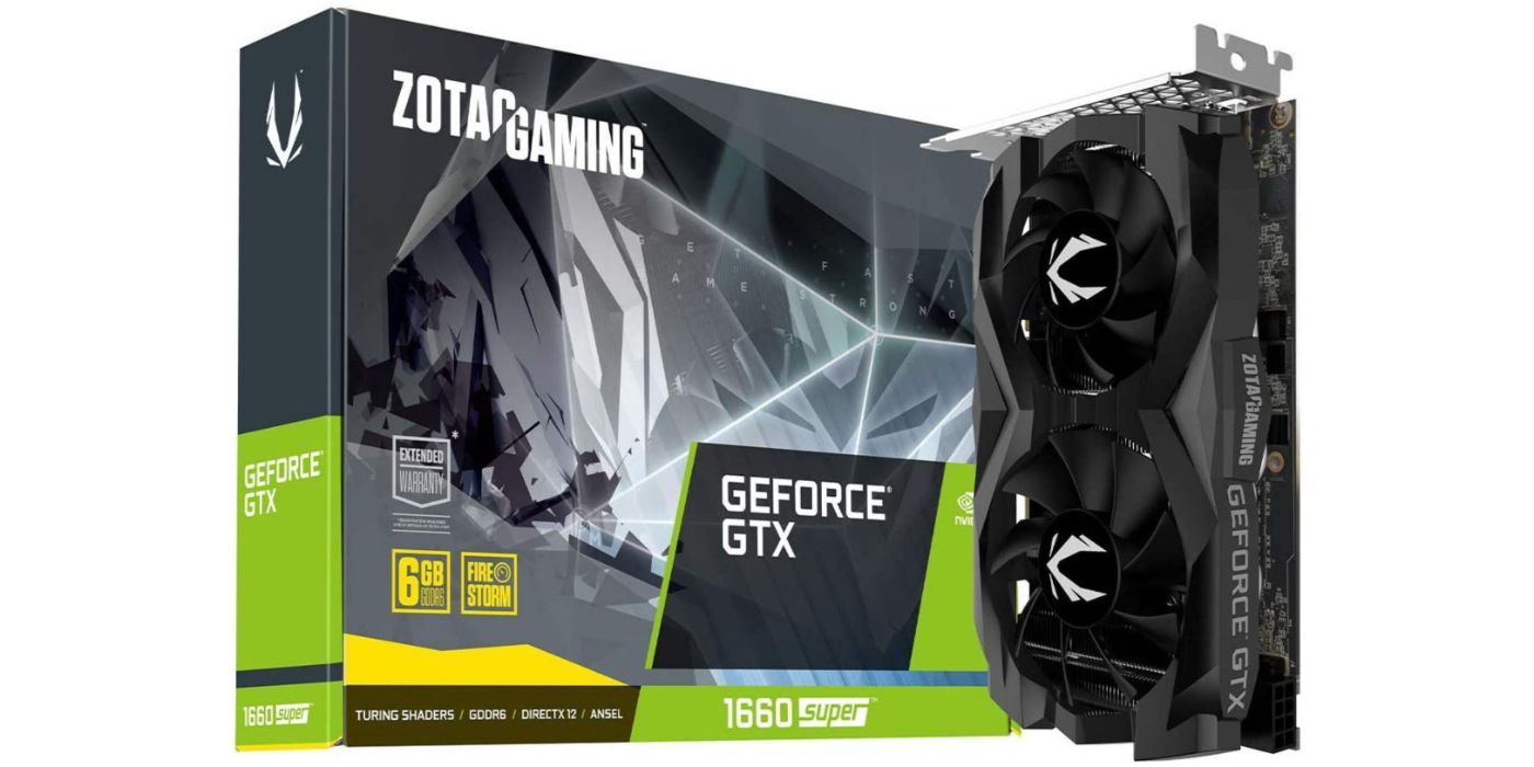 Promo image of ZOTAC's GTX 1660 Super graphics card.