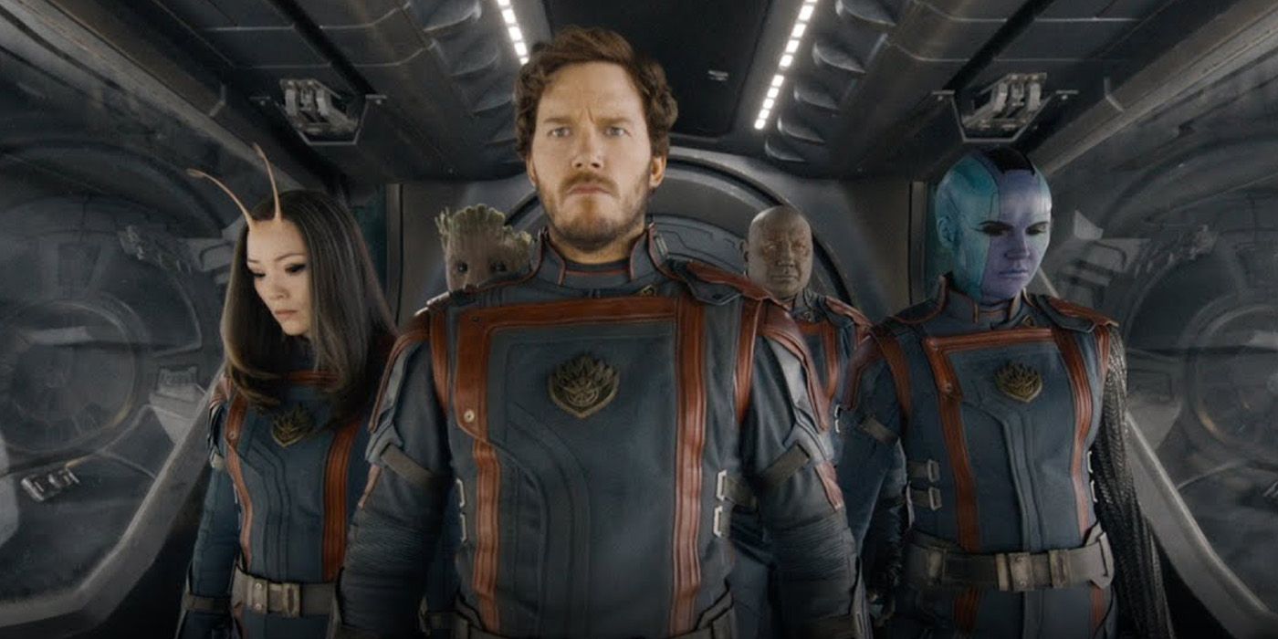 An image of the Guardians of the Galaxy in their comic-accurate costumes in Vol.  3