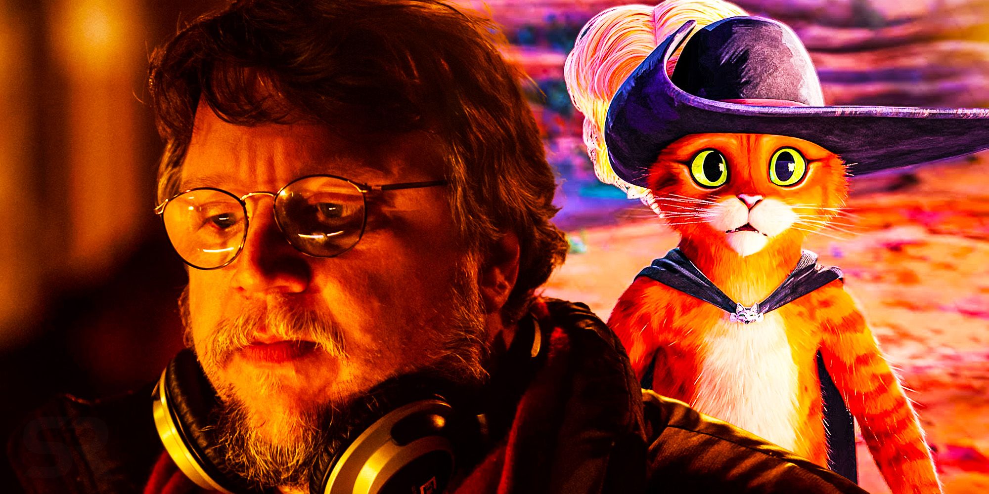 A blended image features Guillermo Del Toro overlaid on Puss In Boots in The Last Wish
