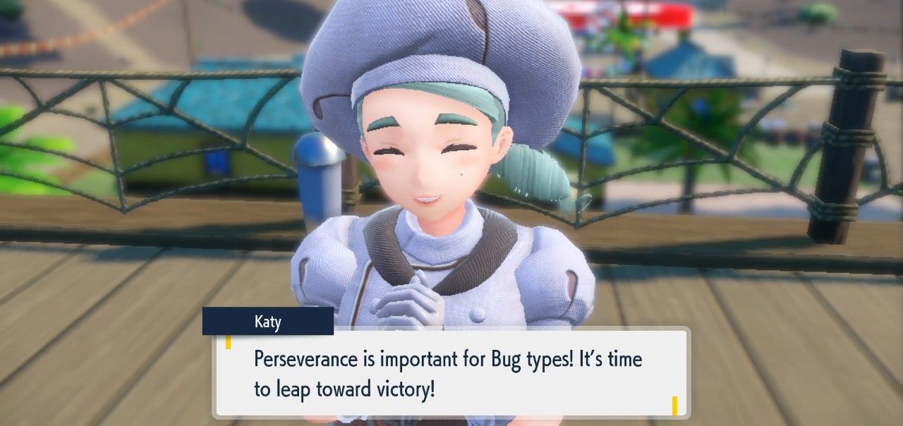 Gym Leader Katy falando sobre uma equipe do tipo Bug em Pokemon Scarlet & Violet