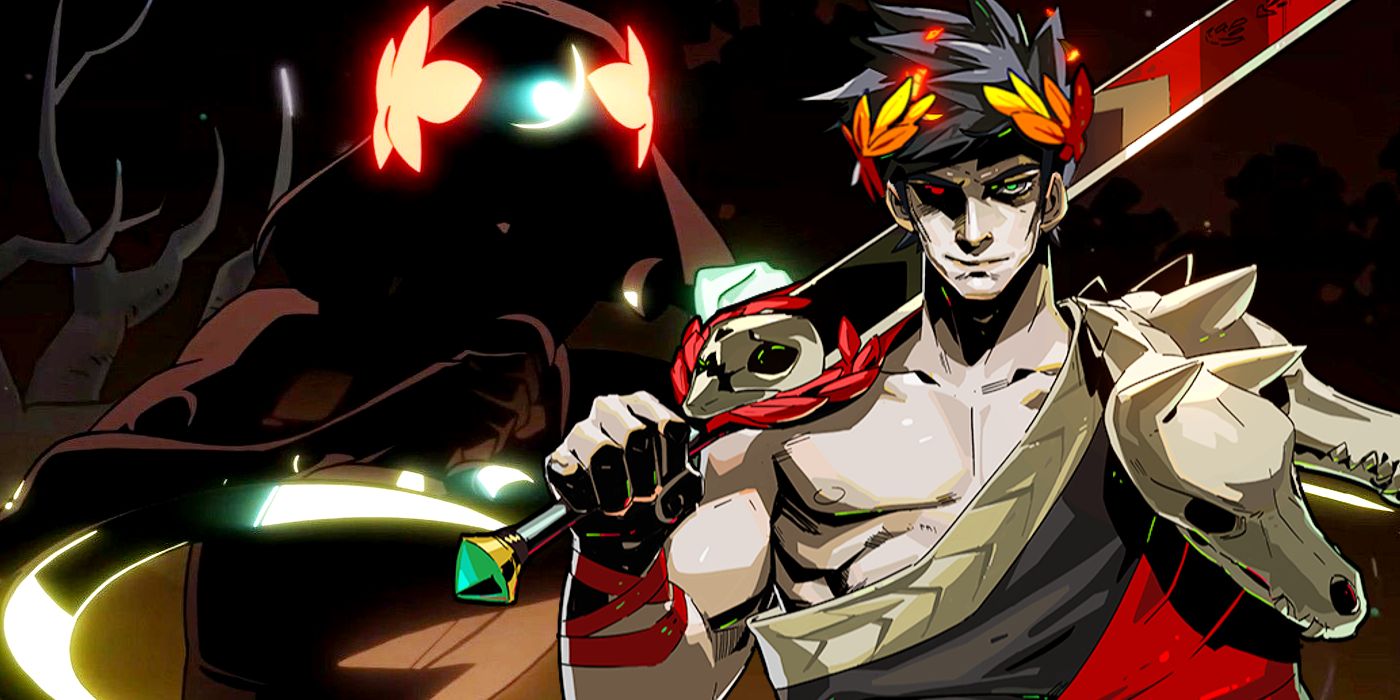 Image depicts Melinoë from the trailer for Hades 2, shrouded in shadow and weapons drawn, with an image of Zagreus wielding his sword from the original Hades pasted to the right.