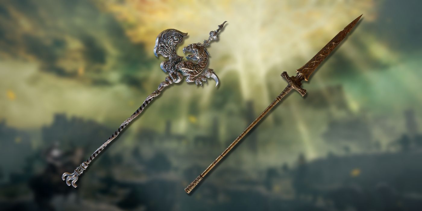 Dragon Halberd de Elden Ring e Swordspear de Guardian contra a arte oficial do jogo.