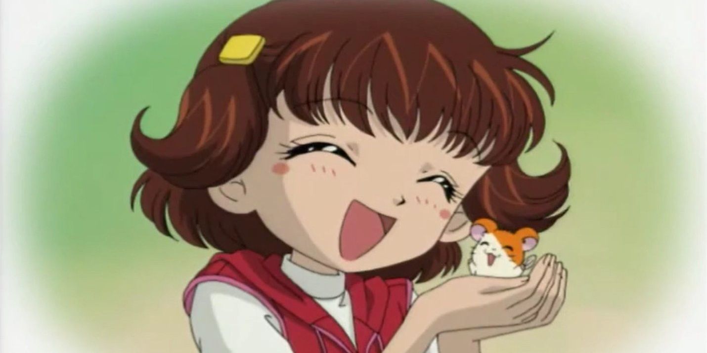 Laura holding Hamtaro in her cupped hands as both of them smile in Hamtaro.