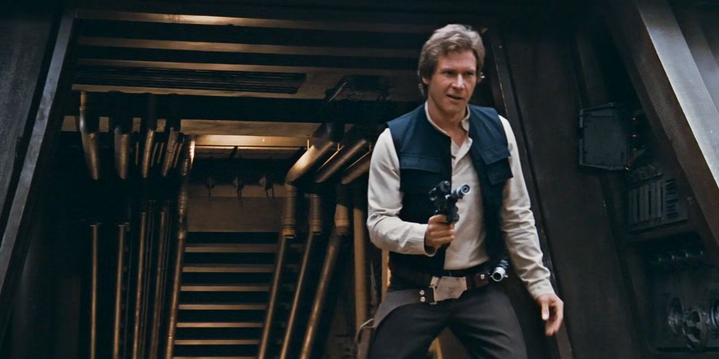 Harrison Ford como Han Solo em Star Wars: O Retorno de Jedi sorrindo e segurando uma arma