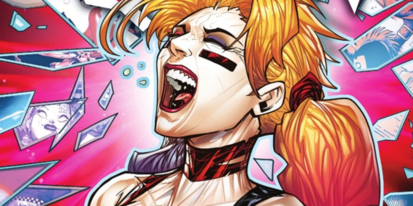 Harley Quinn screaming next to broken glass as part of the DC Multiverse