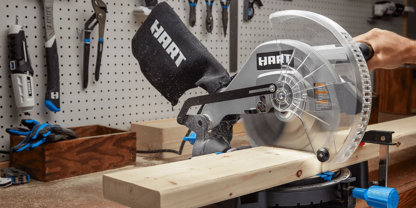 A Hart Miter Saw is used in a garage