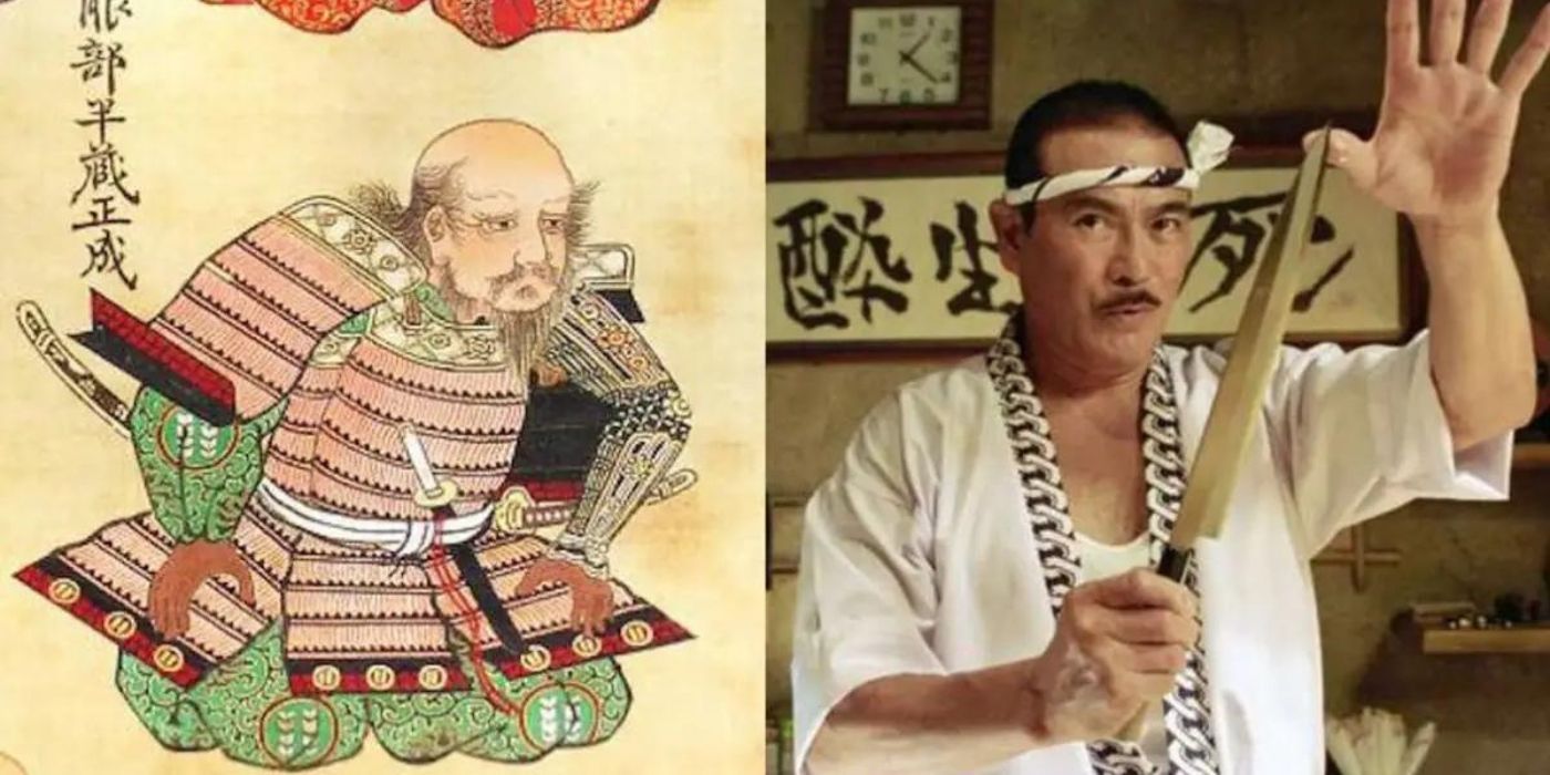 Hattori Hanzo em uma ilustração japonesa e Sonny Chiba segurando uma faca em Kill Bill 