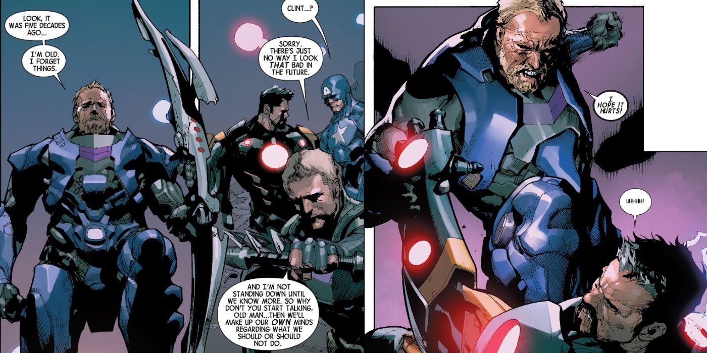 Old Hawkeye has iron man armor in the future