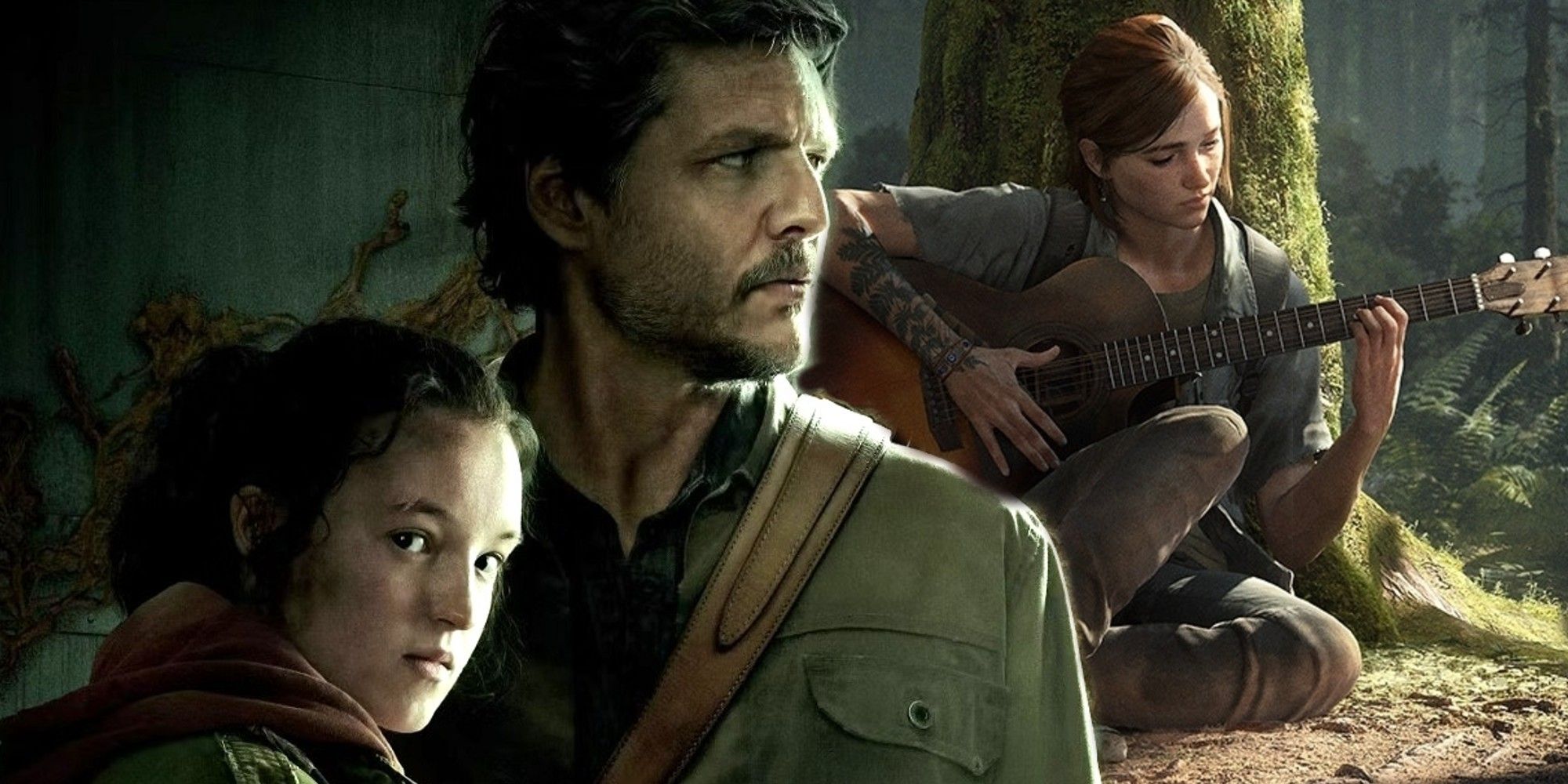 Pedro Pascal e Bella Ramsay como Joel e Ellie na adaptação de The Last of Us da HBO, ao lado da arte promocional de The Last of Us Part 2, mostrando Ellie tocando violão enquanto está sentada contra uma árvore.