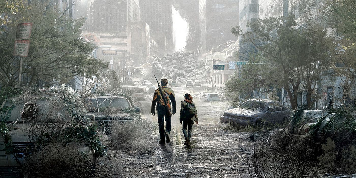 HBOs-The-Last-of-Us-Poster Ellie e Joel caminham por uma área quebrada e em escala de cinza;  Joel tem uma arma nas costas.