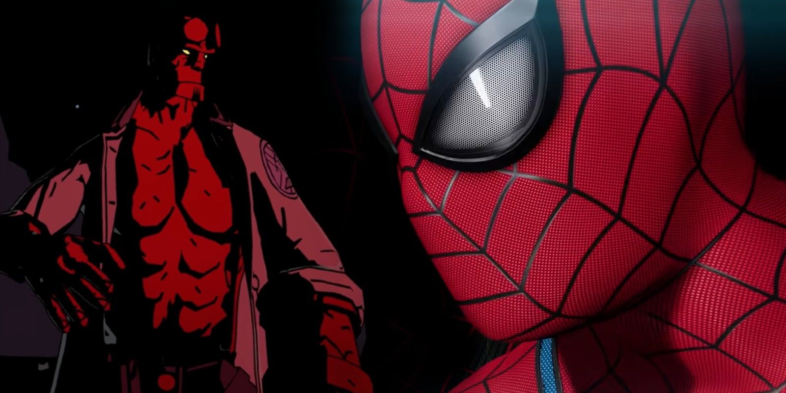 Image of Spider-Man from Marvel's Spider-Man 2, looking to the left. A superimposed image of Hellboy from the Web of Wyrd game faces right as if looking at Spider-man.
