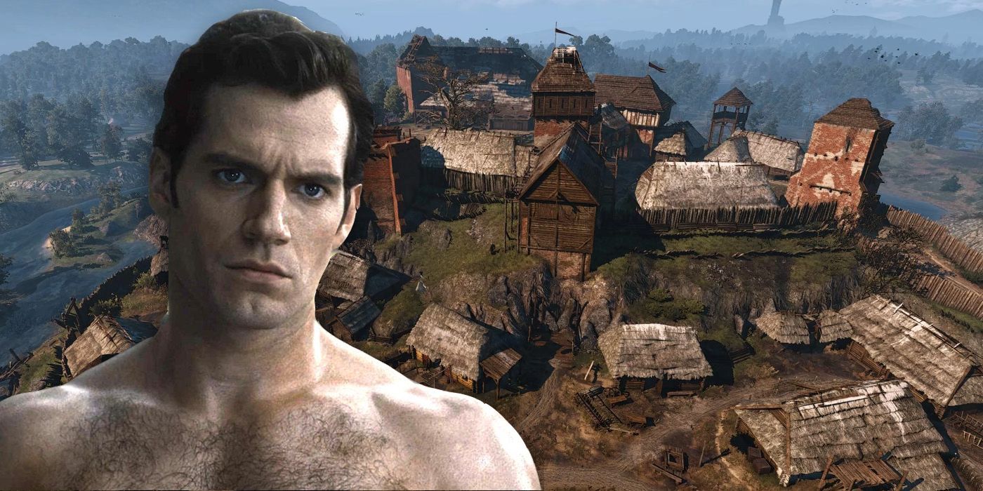 Henry Cavill superimposed on an image of a town from The Witcher 3