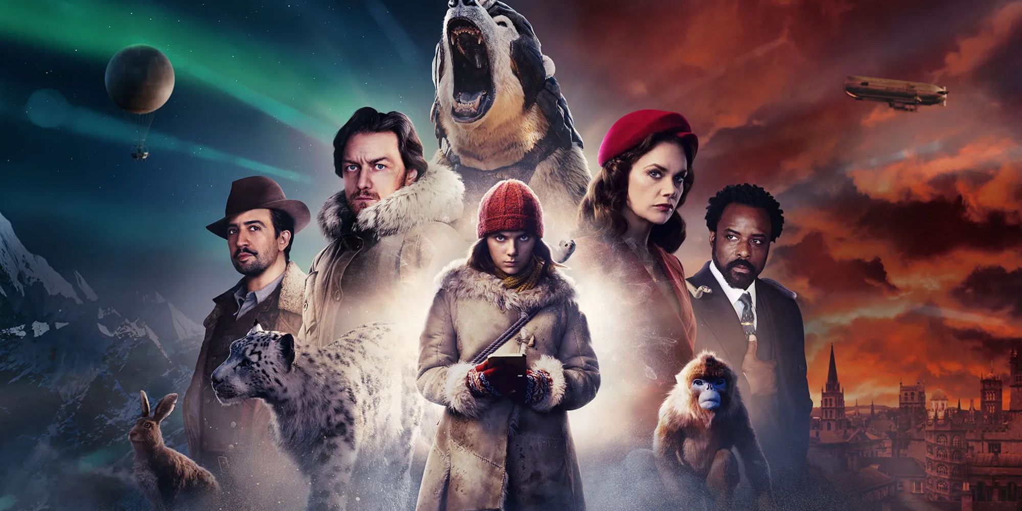His Dark Materials Poster featuring Lin-Manuel Miranda as Lee Scoresby, James McAvoy as Lord Asriel, Dafnee Keen as Lyra, Ruth Wilson as Mrs. Coulter, and Ariyon Bakare as Boreal