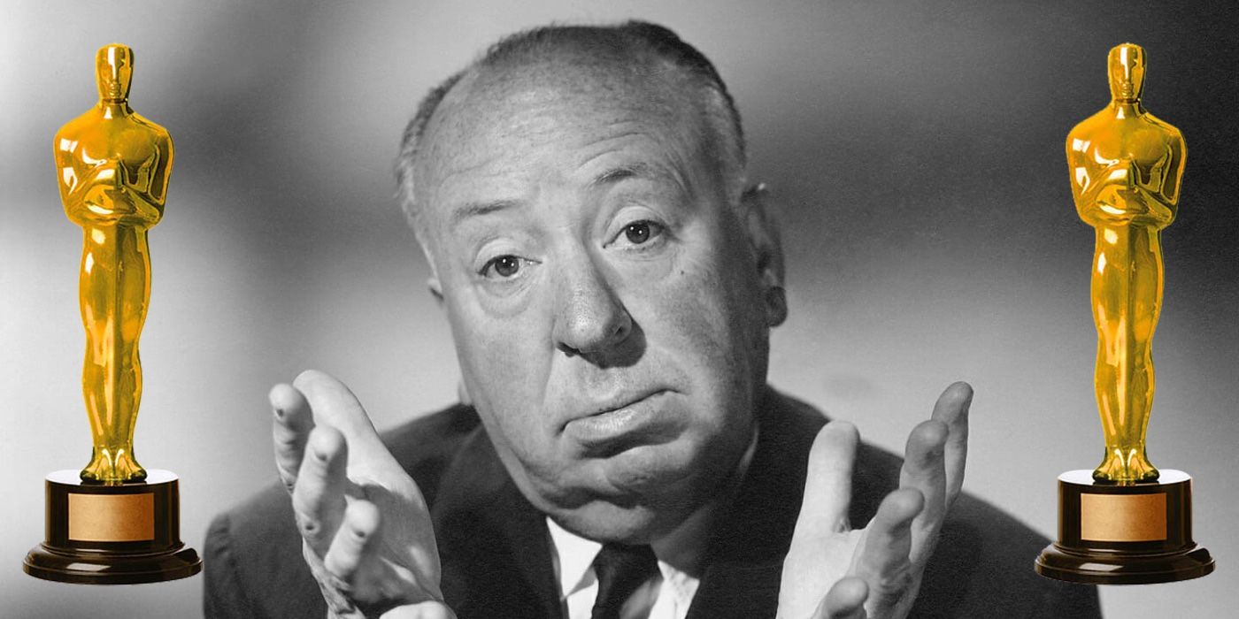 A composite image of Alfred Hitchcock looking longingly with two Oscars