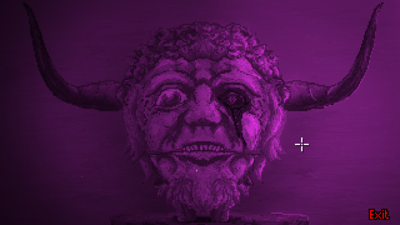 Een gehoornd beeld baadt in violet licht dat uit één oog bloedt.