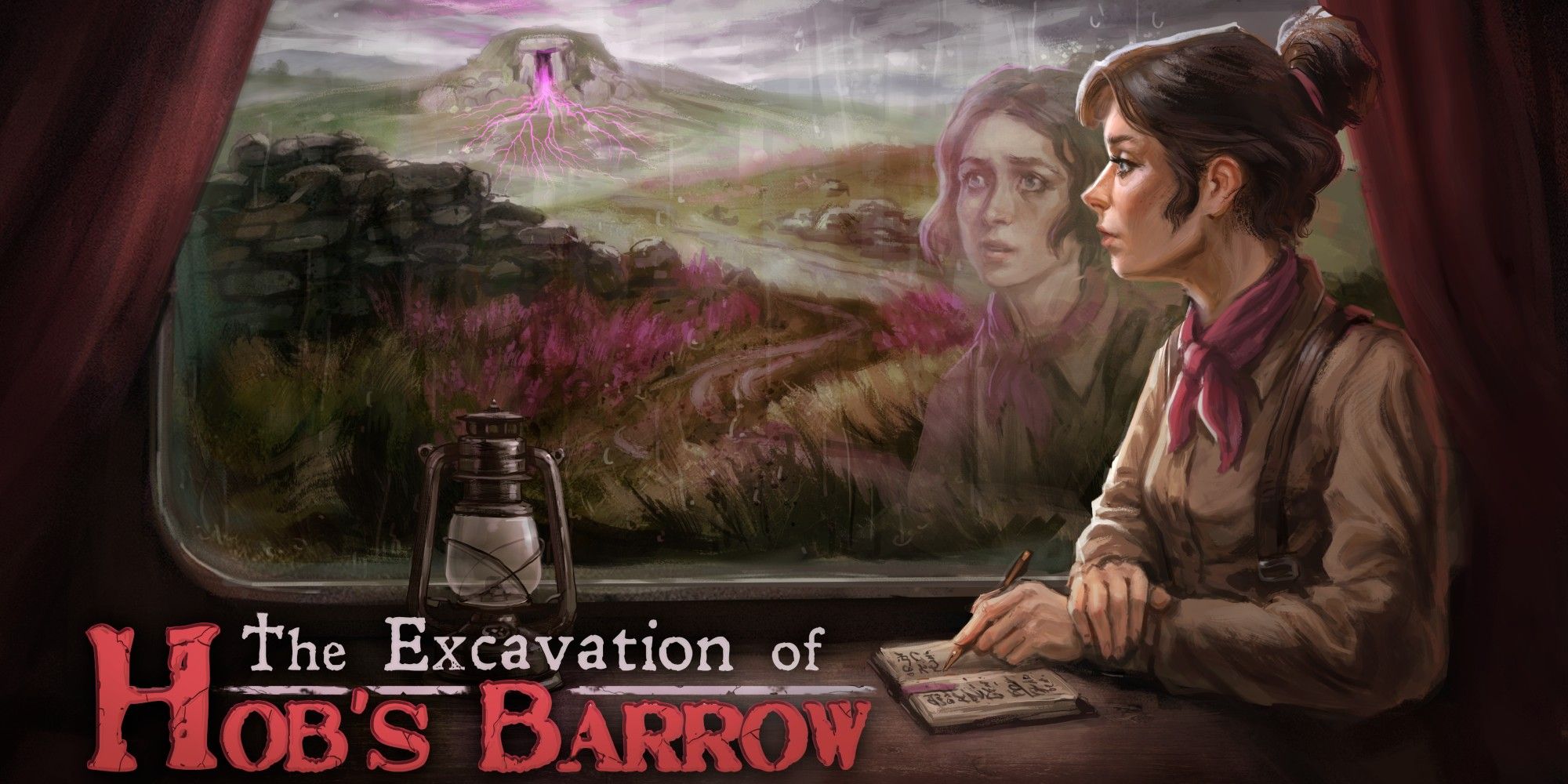 Hob's Barrow Key Art showing Thomasina on a train taking notes and staring out the window at the moors.