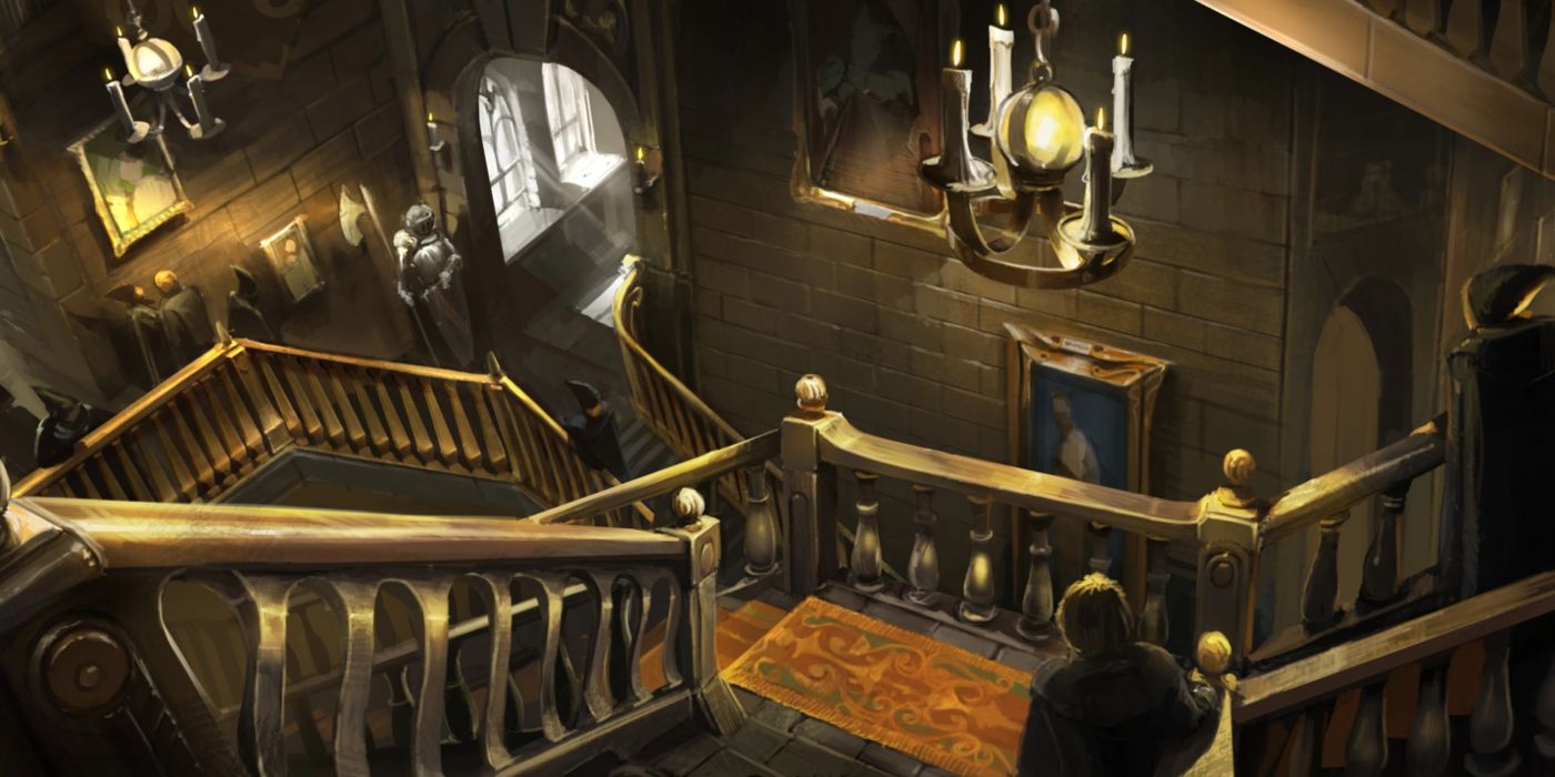 An illustration of the large staircase in Hogwarts, with several stairs overlapping, and a student goes over one.