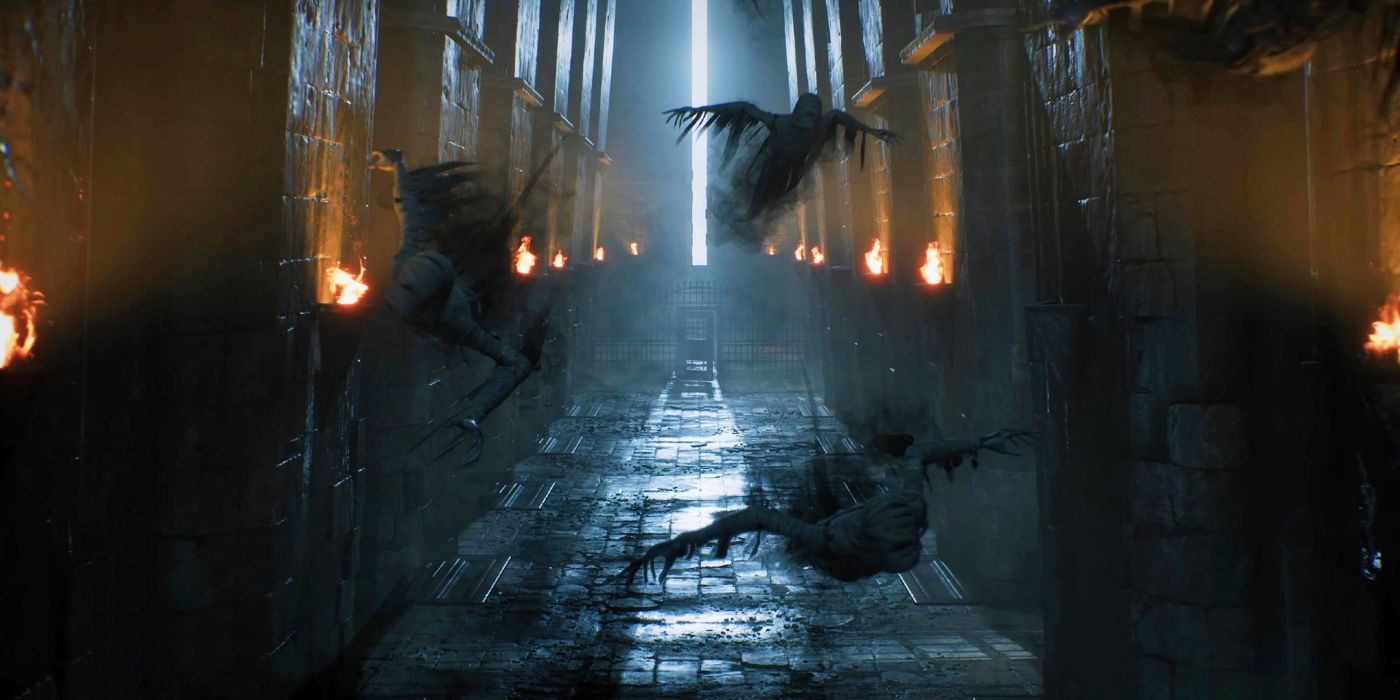 Three dementors flying towards the character in Hogwarts Legacy.