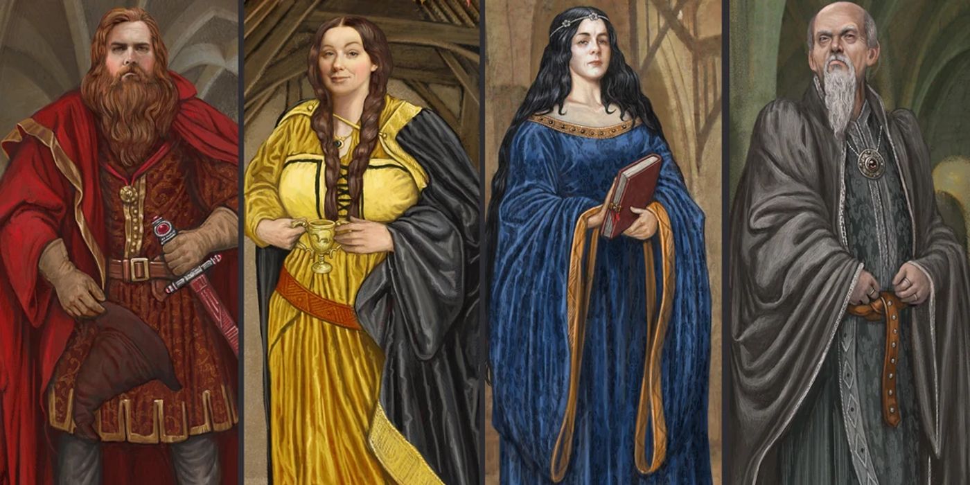 Uma ilustração de Godric Gryffindor, Helga Hufflepuff, Rowena Ravenclaw e Salazar Slytherin.