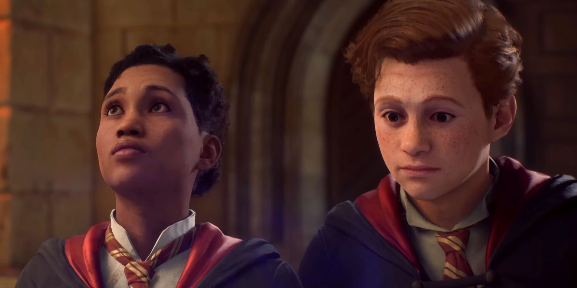 Two Hogwarts Legacy students in the school's Great Hall wearing Gryffindor uniforms. One is looking down at the table, while the other looks up at an owl flying overhead.