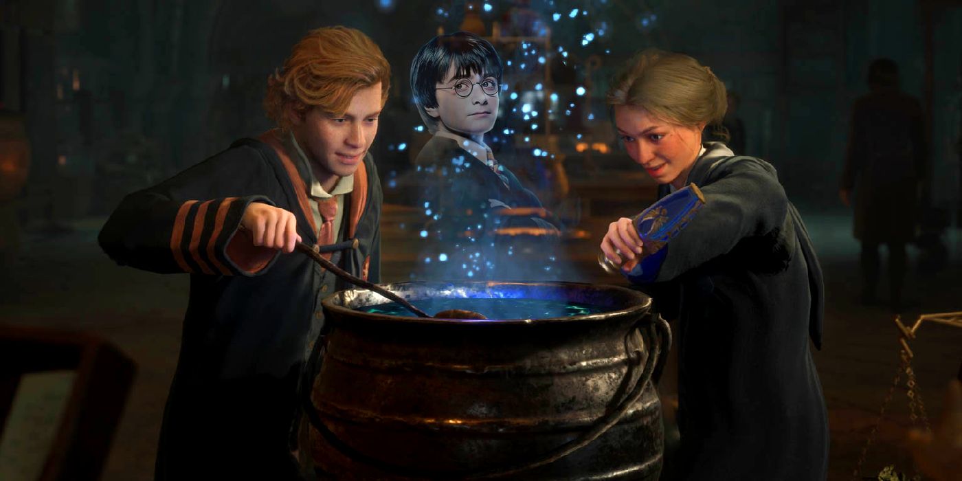 Two students in Hogwarts Legacy stand over a cauldron while the ghost of Harry Potter floats above them