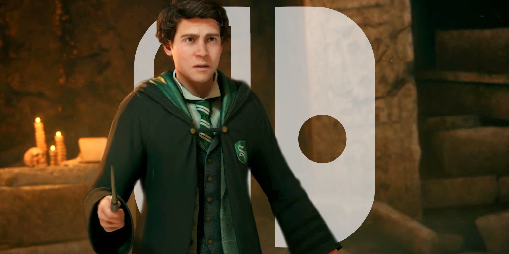 A Slytherin student from Hogwarts Legacy holding a wand and scowling. The Nintendo Switch logo is translucent behind him but visible in front of the background.