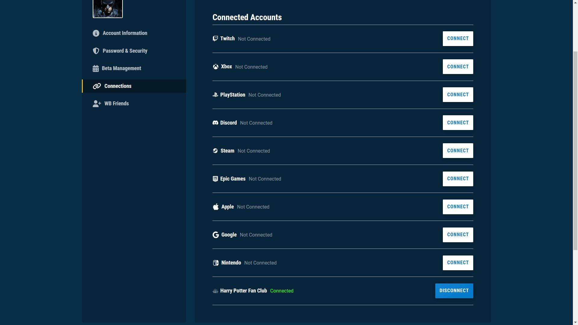Hogwarts Legacy WB Games Account Connections Page