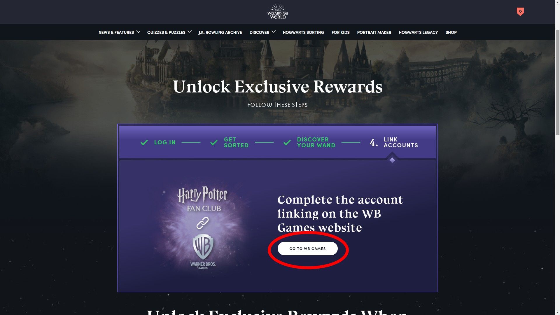 Hogwarts Legacy Wizarding World WB Games Account Linking Option Circled