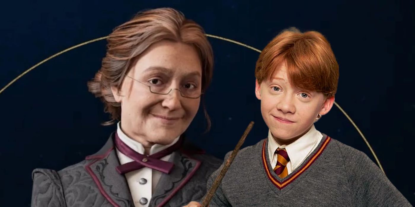 Gambar Profesor Matilda Weasley dari Hogwarts Legacy (kiri), dan Ron Weasley dari salah satu film Harry Potter sebelumnya, diperankan oleh Rupert Grint (kanan).