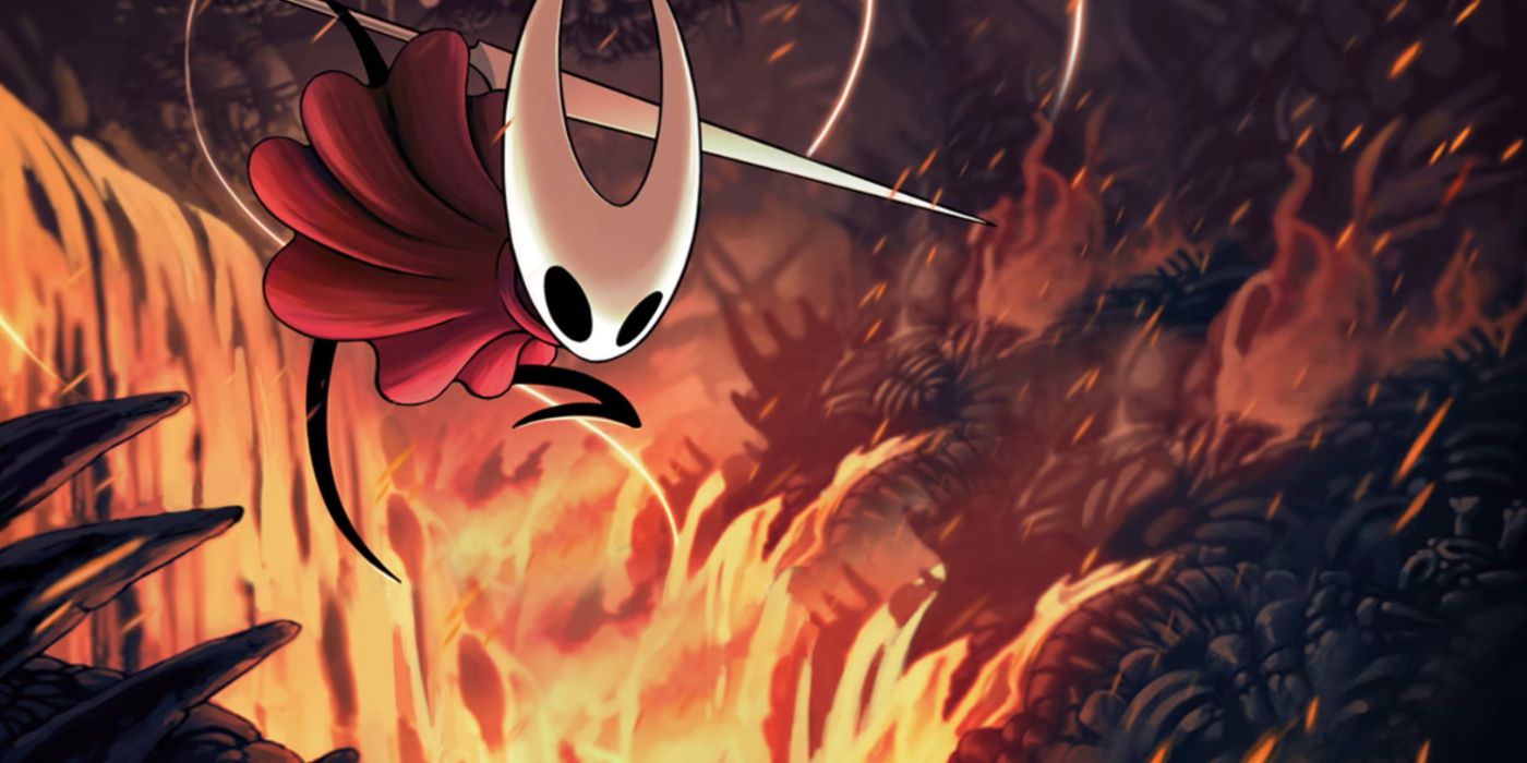 The protagonist of Hollow Knight: Silksong leaping over a fiery chasm. 
