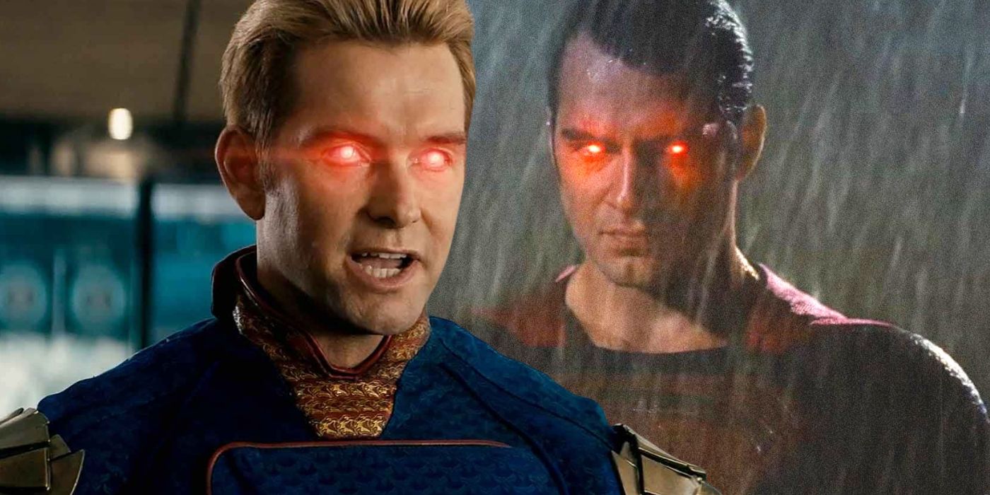 Homelander from the Boys on Amazon Prime, and Superman as played by Henry Cavill, both charing their laser vision. 