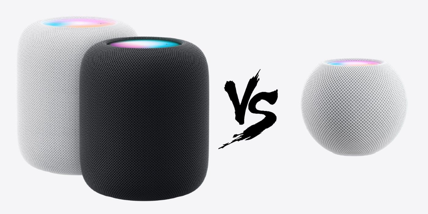 A photo showing the HomePod (2nd generation), versus logo, and HomePod mini