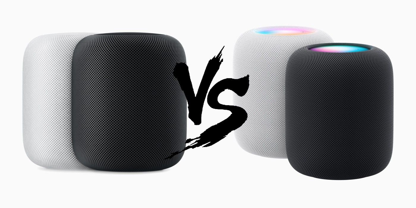 A photo of the HomePod (1st-gen), a versus logo, and the HomePod (2nd-gen)