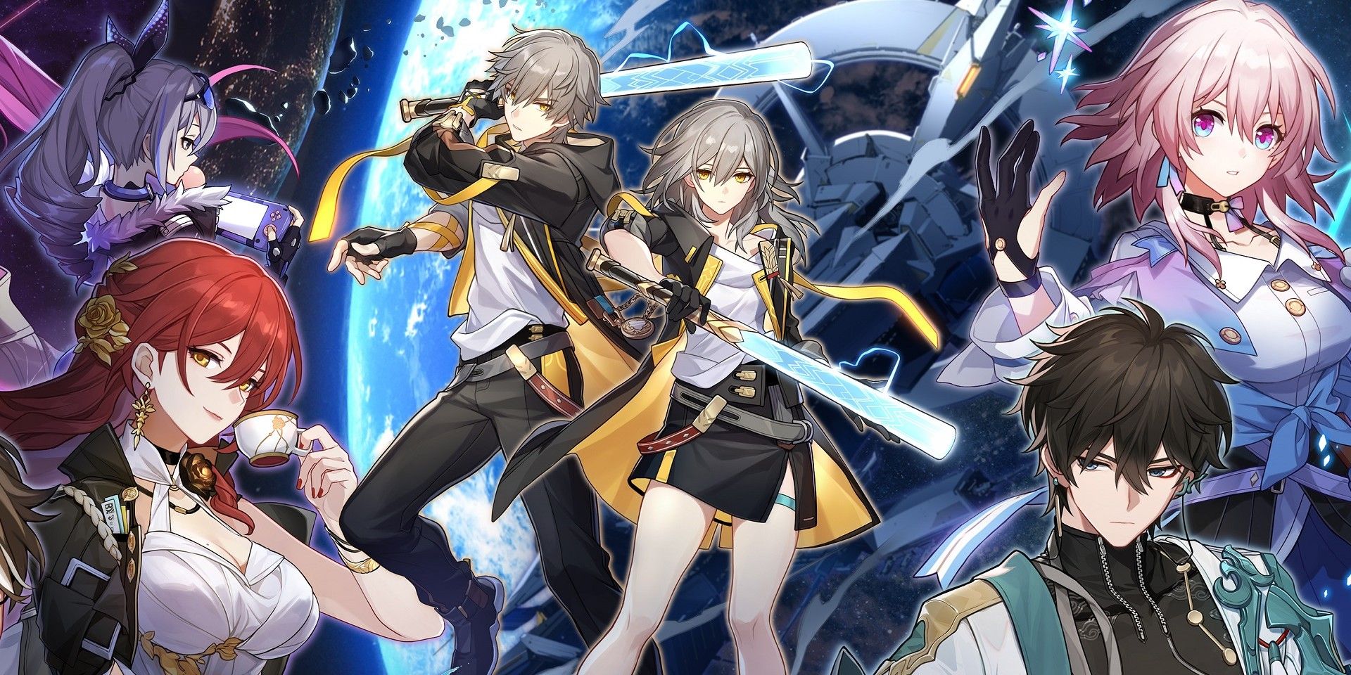 Honkai Star Rail's main splash art, showing many of the game's playable characters, with the Trailblazer twins posing in the middle.