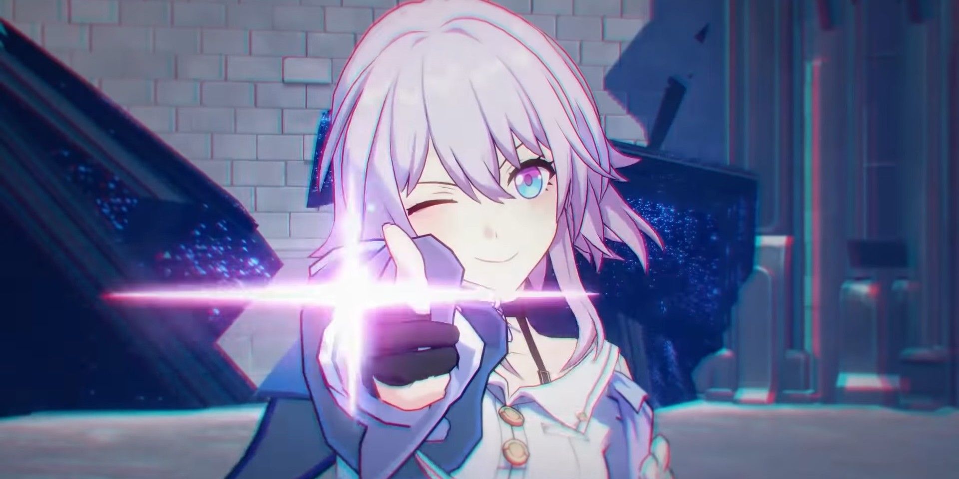 Honkai: Star Rail's March 7th character winking and pointing a finger at the camera.