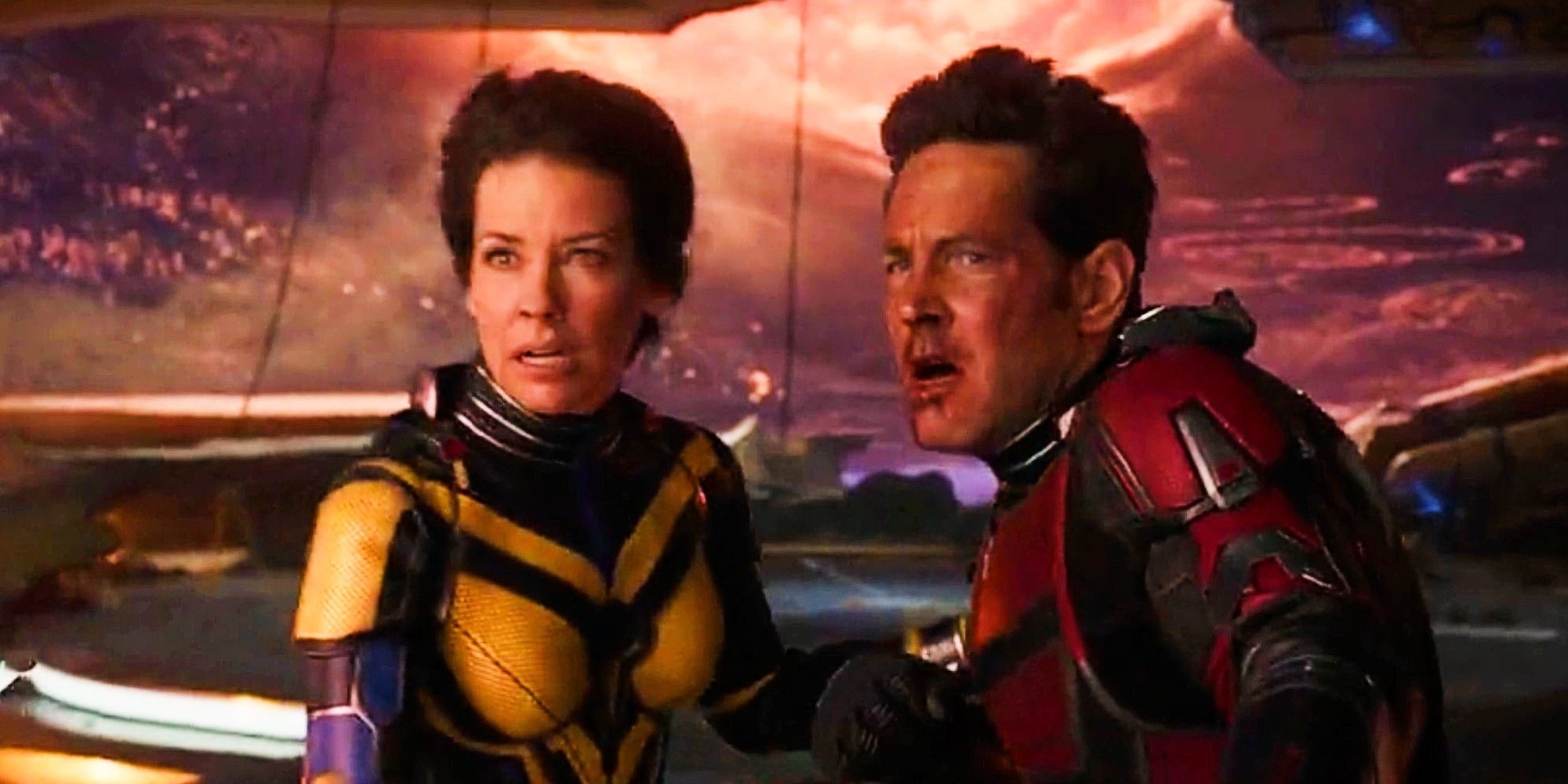 Hope and Scott looking battered and scared in 'Ant-Man and the Wasp Quantumania'