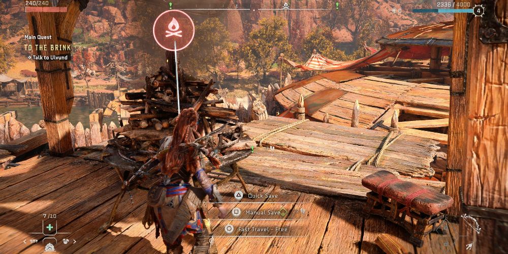 Aloy acessa a opção Fast Travel em Horizon Forbidden West