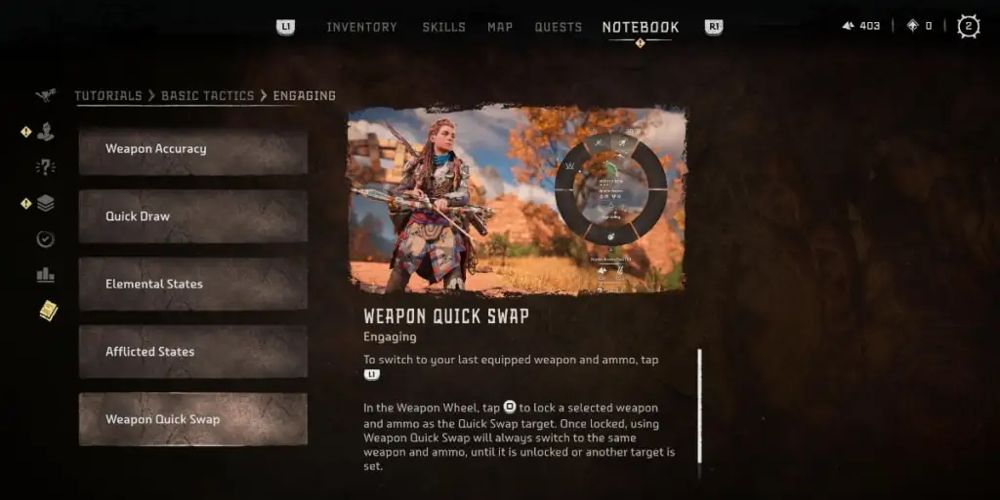 The Quick Swap menu option is seen in Horizon Forbidden West