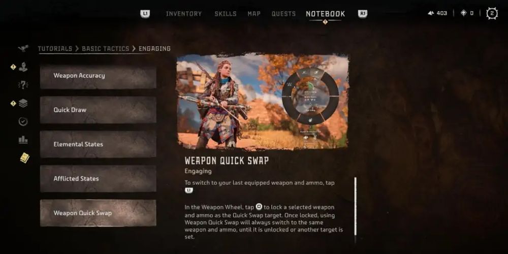 A opção de menu Quick Swap é vista em Horizon Forbidden West