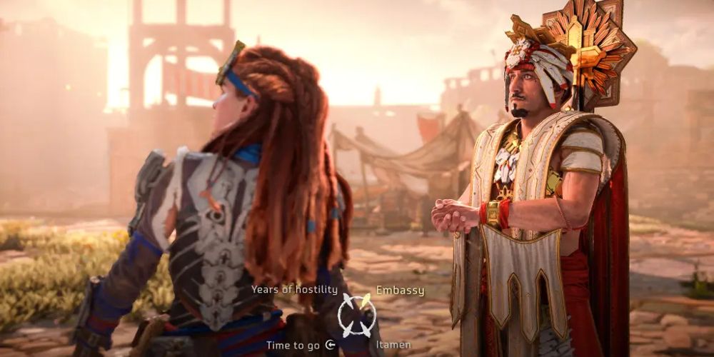 Aloy fala com um personagem em Horizon Forbidden West