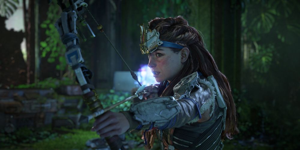 Aloy aponta uma flecha em Horizon Forbidden West