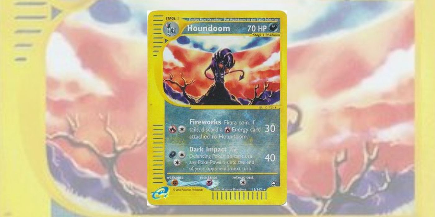 Houndoom Pokémon TCG Playing Card, with the Pokémon perched on a dead tree silhouetted by a bright orange sky behind.