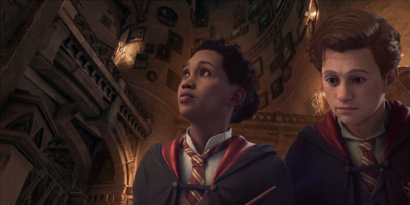Natsai Onai and Hector Weasley against an image of Hogwarts Legacy's Grand Staircase.