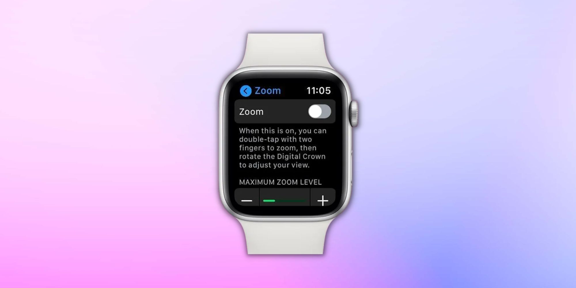 Bild einer Apple Watch mit der Bedienungshilfen-Zoomfunktion auf dem Bildschirm vor einem Hintergrund mit Farbverlauf