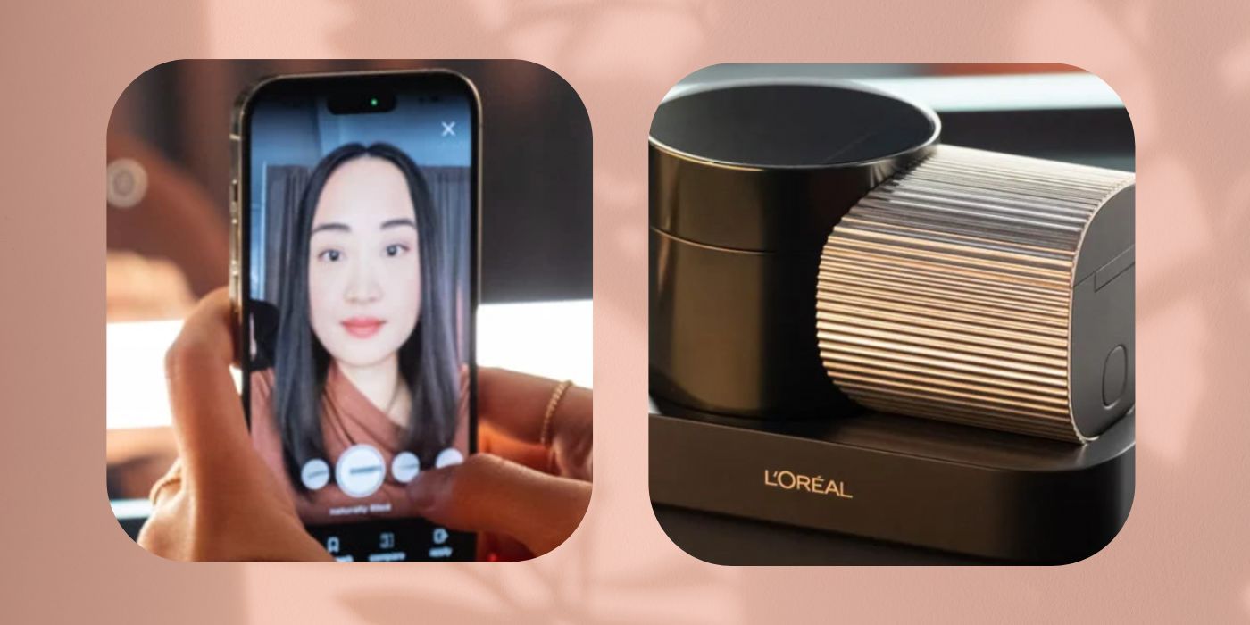 Imagem de uma garota usando o aplicativo L'Oréal Brow Magic ao lado de uma imagem do dispositivo L'Oréal Brow Magic.