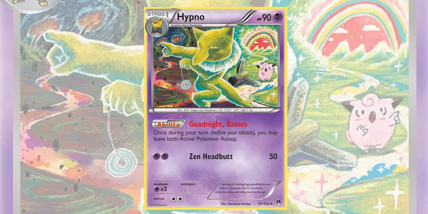 Hypno Pokémon TCG Playing Card, with an almost Dali-esque Hypno splitting the background behind it into a hellish landscape on one side, and a serene valley with a Clefairy on the other.